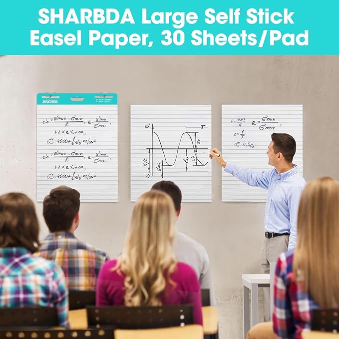 Lined Sticky Easel Pad, 25 in x 30 in,Flip Chart Paper,Sticky Chart Paper for Teachers, Large Self-Stick Easel Paper,Super Sticky & Bleed-Resistant,30 Sheets/Pad,10 Pads