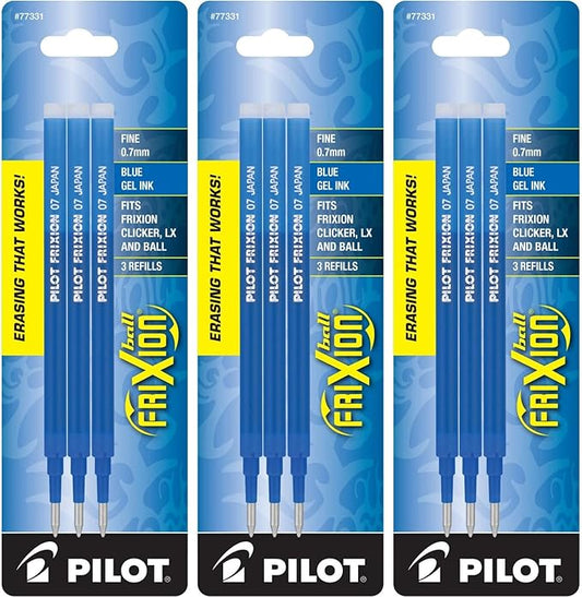 Pilot Gel Ink Refills for FriXion Erasable Gel Ink Pen, Fine Point, Blue Ink, 3 Packs 9 refills total