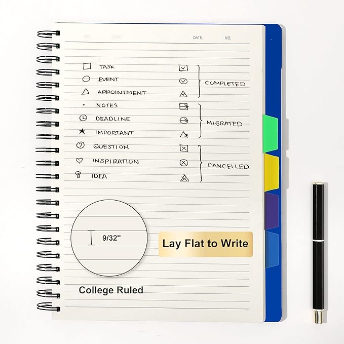 CAGIE 5 Subject Notebook With Tabs 8.5x11, College Ruled, 240 Pages Large Spiral Notebook with Dividers, A4 Notebooks for Work Organization Note Taking School, Black