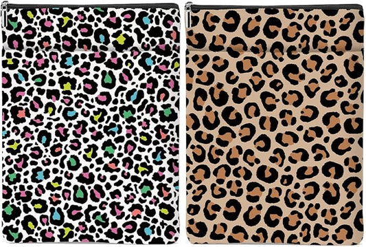 2 Pack Rainbow Leopard Print Book Sleeve, Books Protector，Books Pouch， Book Lovers Gifts，Bookish Gifts Waterproof Cover with Zipper，Leopard Decor Gift Bag for Women Daughter Thank You Christmas