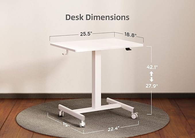 Mobile Standing Desk, Small Rolling Standing Desk, Mobile Desk Workstation with Wheels, Pneumatic Mobile Laptop Desk for Home Office with Hook, White