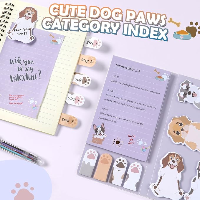 Hommie Cute Sticky Notes, Dog Sticky Notes Set Planner Dividers Self-Stick Notes Pads Animal Divider Tabs Bundle Writing Memo for Dog Lovers Home Office School Supplies