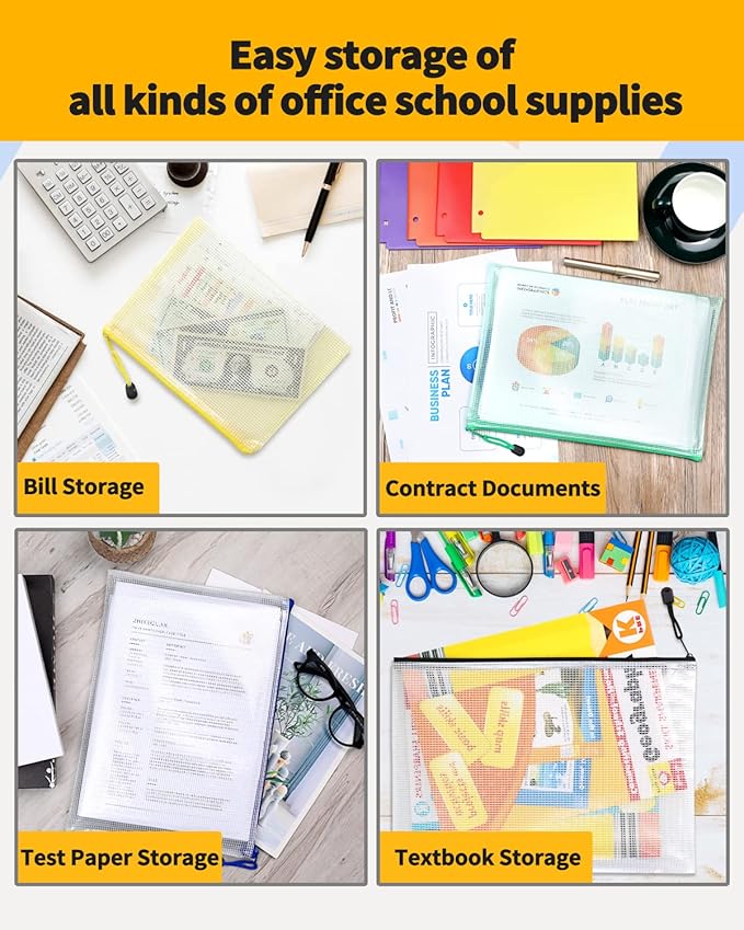 SUNEE Plastic Mesh Zipper Pouch 10x14 in (6 Colors, 12 Packs),Extra Large Water-Resistant Zip Bag for School Office Supplies, Puzzles & Games Organizing Storage