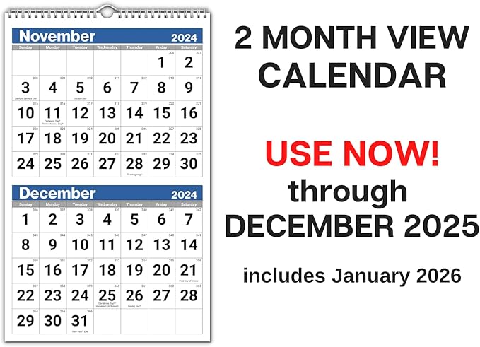 Dunwell 2-Month View Wall Calendar 2025, 11x17" Open, Use to Dec 2025, 2 Month Display, Vertical Two Months Wall Calendar for Office, Ships Folded