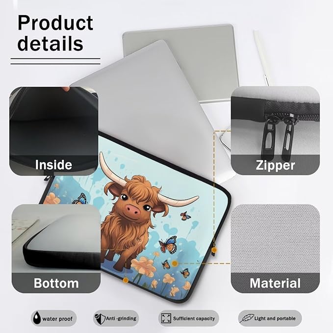 Highland Cattle Laptop Sleeve for Women 12 inch Laptop Protector with Versatile Uses Computer Sleeve Neoprene Lap Top Case Ideal Gifts for Daily Use School Travel Tablet Bag Butterfly Blue