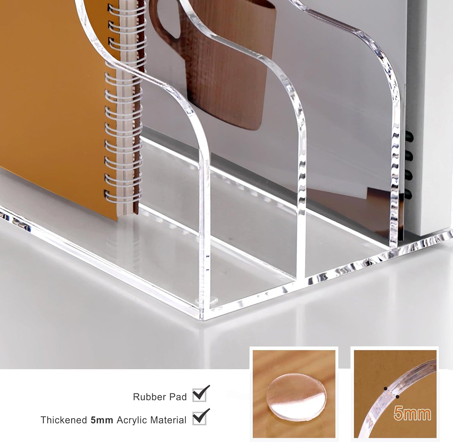 SANRUI Acrylic Desk Organizers, Clear Magazine File Holder, 5 Vertical Compartments A4 Folder Binder Holders Sorter, Office Desktop Workspace Organization Storage Rack for Office Home School