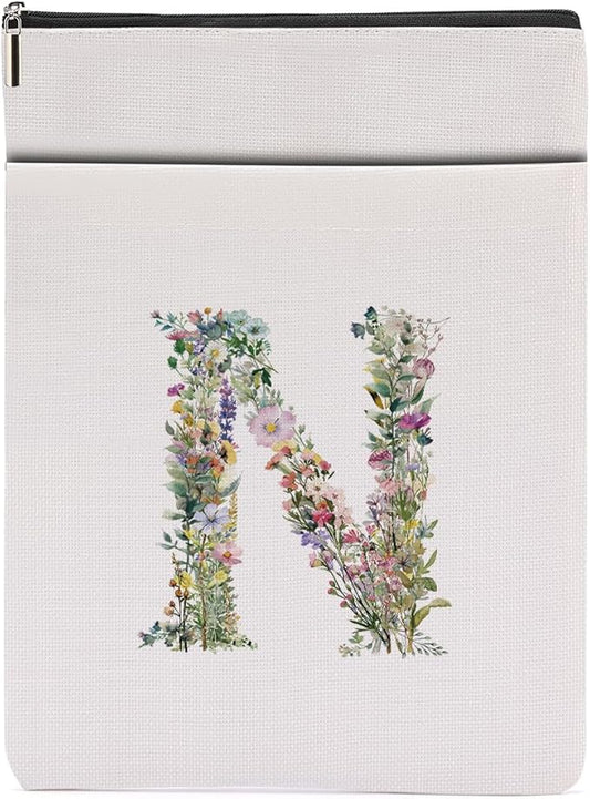 Monogrammed Book Sleeve Floral N Initial Book Pouch Book Accessories Book Lovers Gifts Waterproof Book Cover Book Protector Bookish Gifts Personalized Gifts for Women Girls Readers Bride Wife