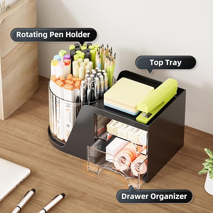 Marbrasse Desk Organizer with 2 Drawer, 360 Rotating Pen Holder, 6 Slots Pencil Organizer + 2 Drawer, Art Supply Storage Box Caddy for Office (Black)