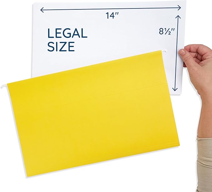 25 Blue Summit Supplies Yellow Legal Size Hanging File Folders - Durable 11pt Paper, Hanging Legal File Folders Yellow with Plastic Tabs and Inserts, Legal Size Filing, Hanging Legal Size File Folders