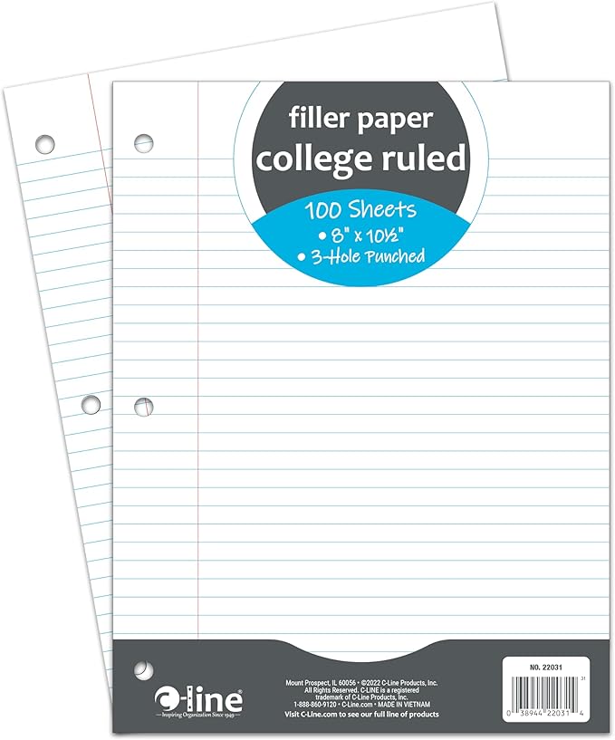 C-Line Filler Paper, College Ruled, White, 100 Sheets, (22031)