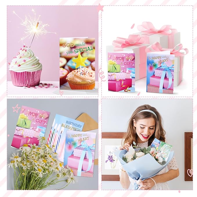 Zhanmai 80 Pack 4 x 6 Inch Religious Christian Birthday Cards Bulk with Scripture Assorted Bible Verse Designs Christian Blessings Birthday Cards with Envelopes (Glitter Style)