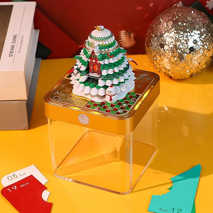 Time Piece Calendar, 3D Art Calendar Memo Pad 2025 Creative Desk Calendar with Light,Christmas Tree Rip Away Paper Carving Memo Pad Art Notepad Decorative Gifts