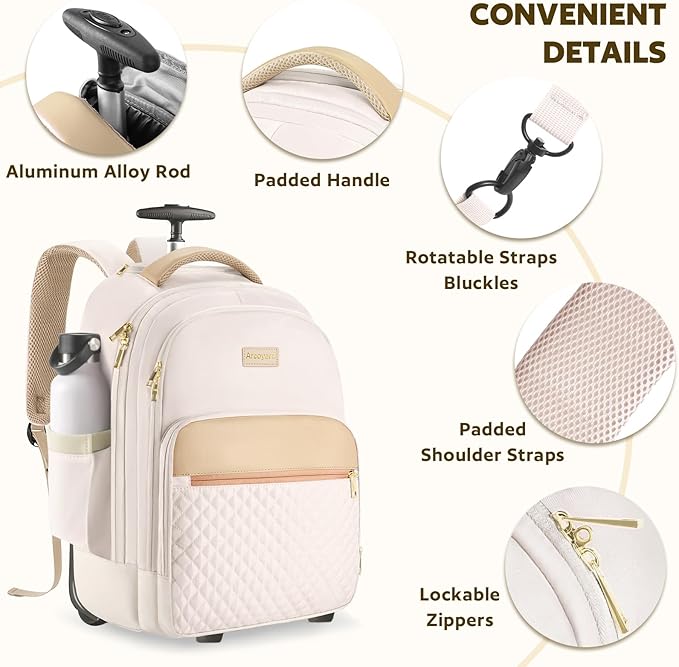 Rolling Backpack For Adults With Wheels, 40L Wheeled Backpack For Women, Travel Roller Backpack, Carry On Luggage, Rolling Bag, Beige