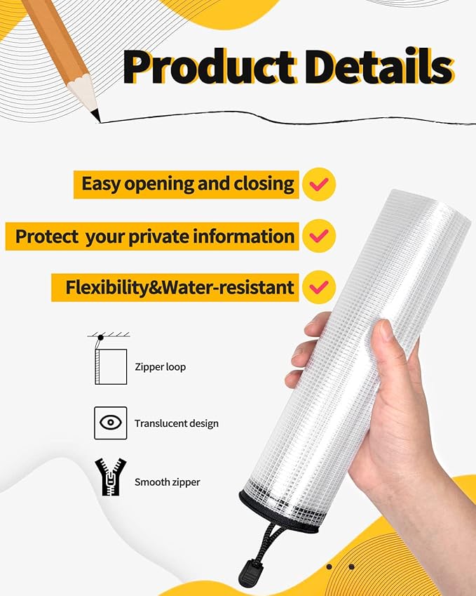 SUNEE Plastic Mesh Zipper Pouch 4x9 in (Black, 12 Packs), Small Water-Resistant Zip Bag for School Office Supplies, Pencil Organizing Storage