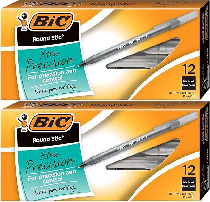 BIC Round Stic Xtra Precision Ball Point Pen, Black, 12 Pack- Pack of 2