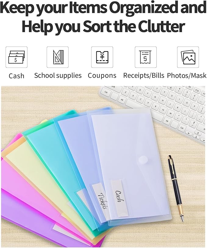 Sooez 24 Pack Plastic Pencil Pouch, Clear Poly Envelopes File Bag Bill Bag with Label Pocket, Plastic Pencil Case Bulk for A6 Size Files School, Office Storage