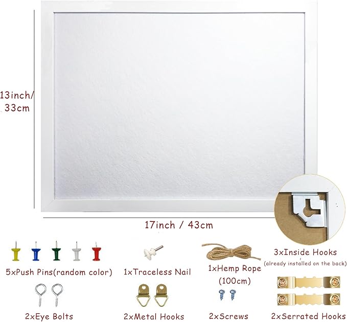 White Bulletin Board Cork Boards Vision Board with Felt, 17"x13" Small Display Pin Board for Walls, Desk, Jewelry, Notes, Collection, Photos, Office, White Framed and Felt Board, 1pc