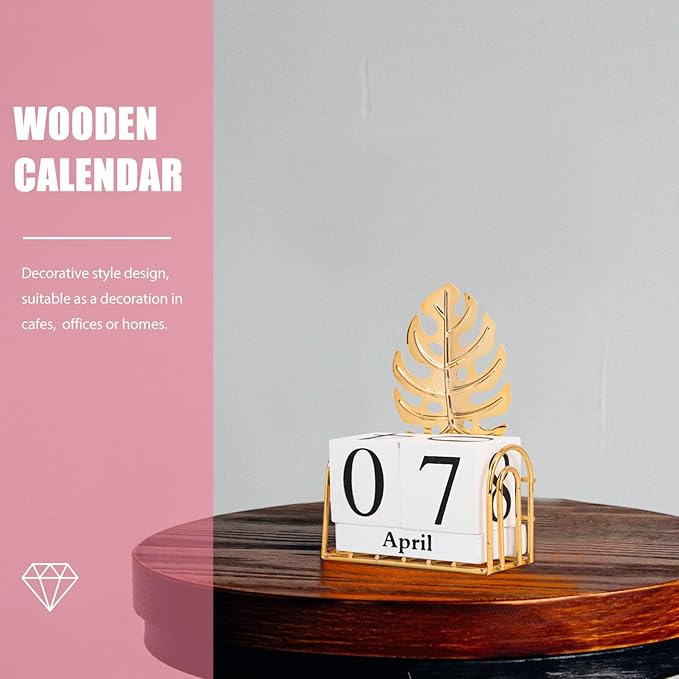 SUPVOX Wooden Block Calendar for Desk Daily Desktop Perpetual Calendar Wood Month Date Display Blocks Farmhouse Desk Accessories for Home Office Decor Reusable Yearly Monstera Leaf Design