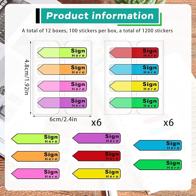 Tatuo 1200 Pcs Sign Here Tabs Colored Flag Stickers 8 Colors with Dispenser Arrow Flag Easy to Post for Notary Books Paper (Sign Here Style)