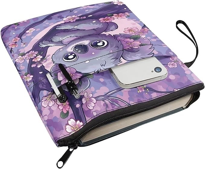 COEQINE Cute Book Covers for Paperbacks Purple Flower Girls Book Cover Pouch with Cute Animal Koala Pattern Book Sleeves with Zipper 9x11 Inch