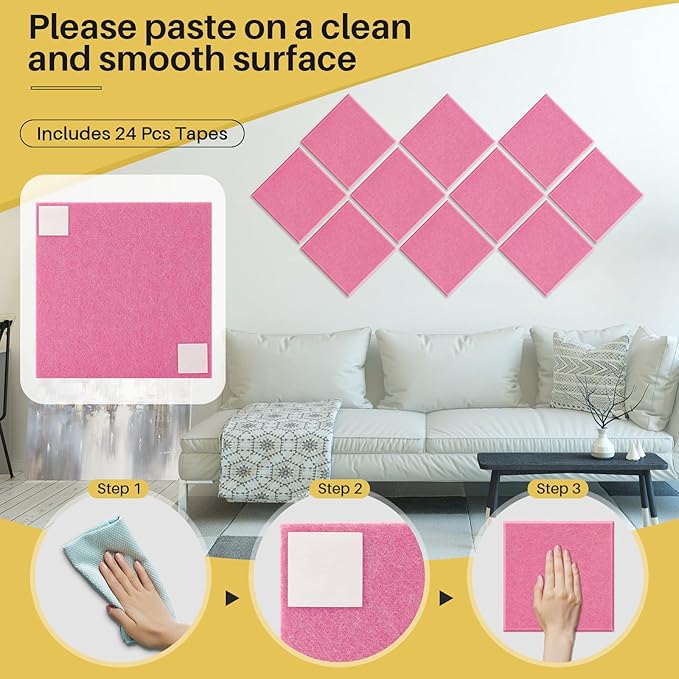 DOLLAR BOSS Large Cork Board for Wall 48" x 36" x 0.5" Bulletin Board 12 Packs Black Cork Board Tiles Self Adhesive Felt Wall Tiles with Pushpins, Corkboard for Office Pin Board Tack Board, Pink
