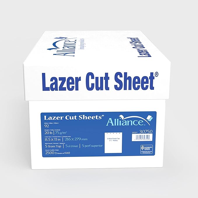 Prepunched Paper Alliance Laser Cut Sheet 5 Hole Top Punch 8.5 x 11 inch, 20 lb, 92 Bright, 80 Cartons, 200,000 Sheets