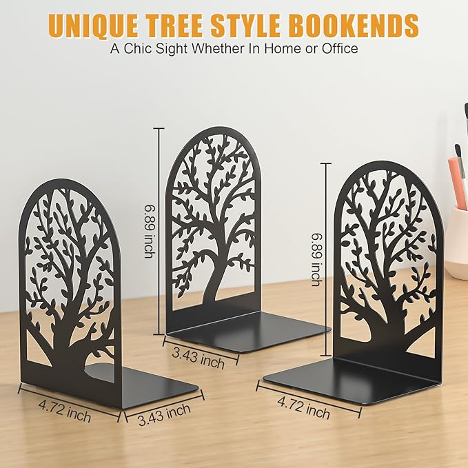 VFINE Bookends 3 Pairs, Decorative Book End, Bookends for Shelves, Book Ends for Shelves, Book Stopper Book Ends to Hold Books, Book Stopper, Unique Black Metal Tree Book Ends for Home School Office