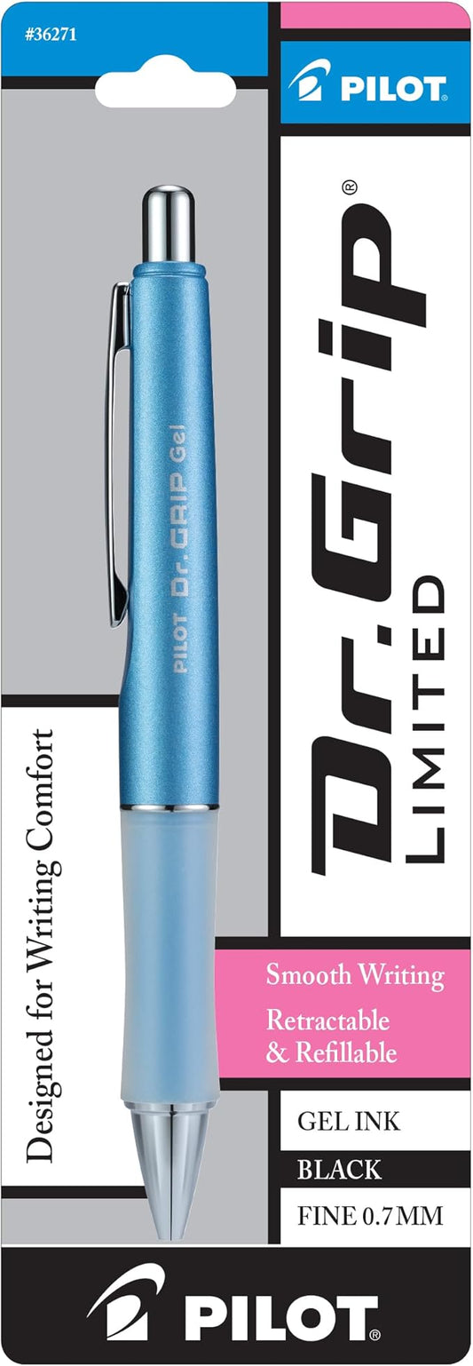 PILOT Dr. Grip Limited Refillable & Retractable Gel Ink Rolling Ball Pen, Fine Point, Metallic Ice Blue Barrel, Black Ink, Single Pen (36271)