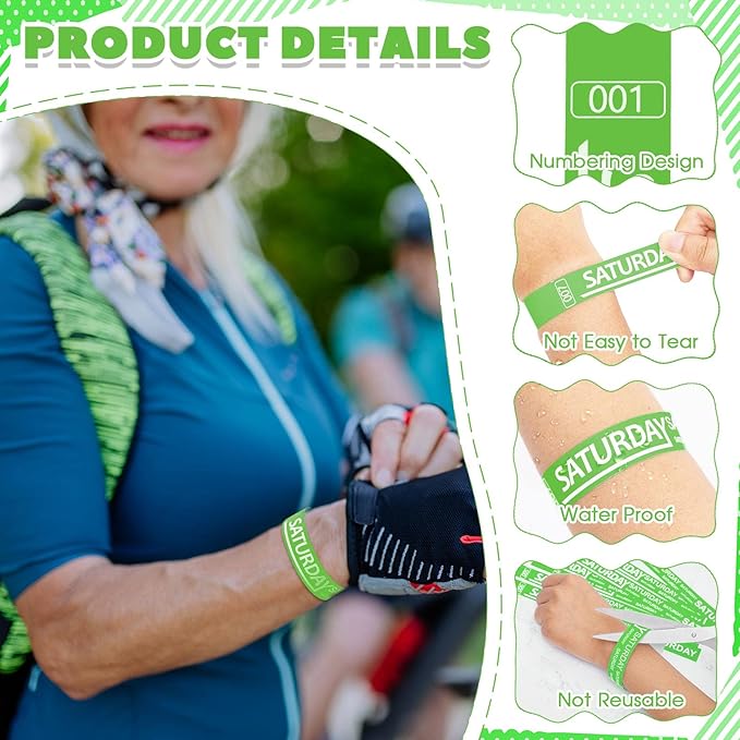 Henoyso 600 Pcs Saturday Paper Wristbands Event Wristbands Paper Bracelets Wristbands Numbered Waterproof Party Wristbands for Events Day of The Week(Green)