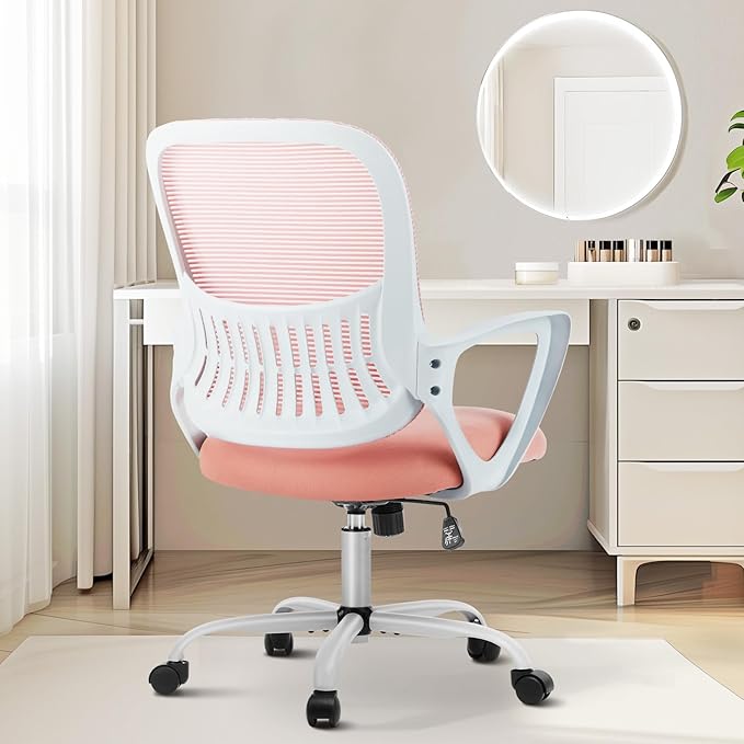 Sweetcrispy Office Computer Desk Managerial Executive Chair, Ergonomic Mid-Back Mesh Rolling Work Swivel Chairs with Wheels, Comfortable Lumbar Support, Comfy Arms for Home,Bedroom,Study,Student,Pink