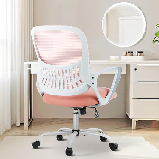 Sweetcrispy Office Computer Desk Managerial Executive Chair, Ergonomic Mid-Back Mesh Rolling Work Swivel Chairs with Wheels, Comfortable Lumbar Support, Comfy Arms for Home,Bedroom,Study,Student,Pink