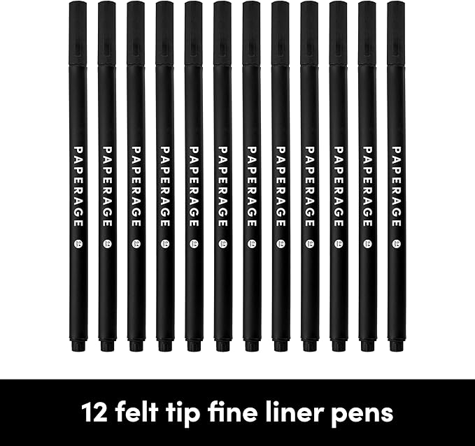 PAPERAGE Felt Tip Fine Point Pens (0.4mm), 12 Pack, Pens For Journaling, Notebooks, Planners, Calendars & Drawing, Great for School, Office, & Home (Black Ink)