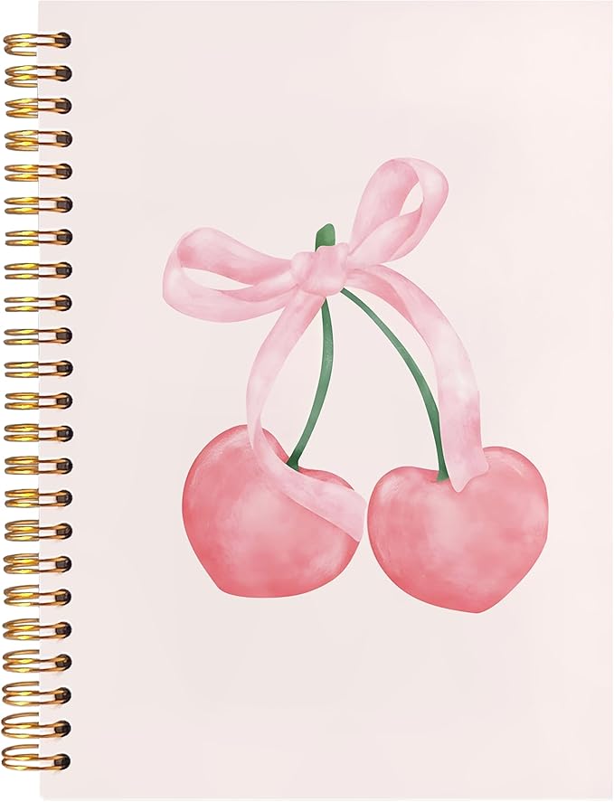 BearCake Preppy Pink Aesthetic Notebook,Cute notebooks for Women,Pink Cherry Dog Notebook gift,Pink Desk Accessories for Women, Hardcover Spiral Notebook 5.5x8.3