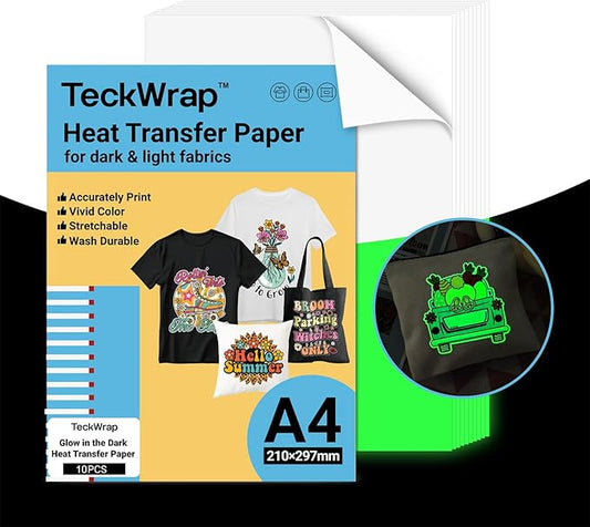 TECKWRAP Printable Heat Transfer Paper for T-Shirts 10 Sheets, 8.3" X 11.7" Printable Heat Transfer Vinyl for Inkjet Printer, Iron on Transfer Paper for Light and Dark Fabric (Glow in Dark)