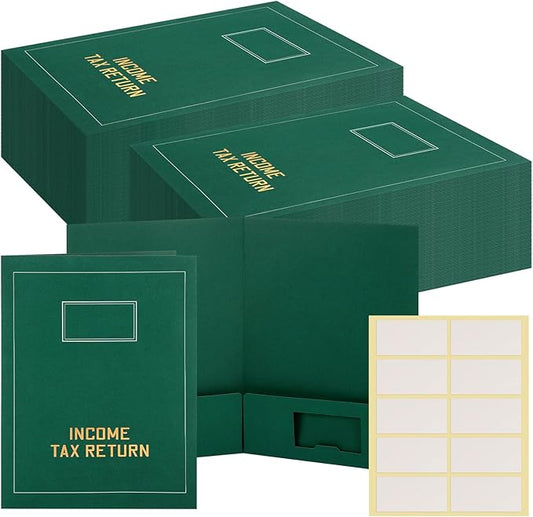 Kisston 50 Pcs Tax Return Folders Bulk 2 Pocket Gold Foil Stamped Income Tax Folders with Blank Labels Business File Office Organizer (Green)