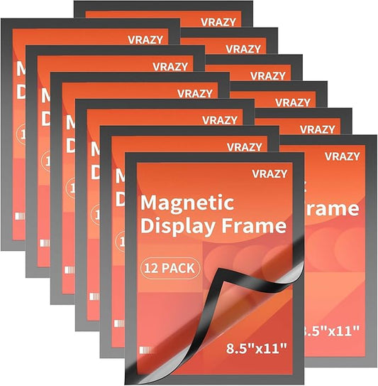 12Pack Magnetic Sign Holder 8.5 x 11 Wall Mount, Self Adhesive Display Magnetic Picture Frames Sheet With Strong Magnet Border for Window/Door/Fridge, Document Poster Paper Holders for Home Office Store, Black