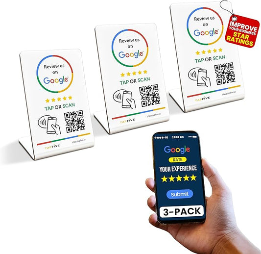 Tap Google Review Stands (3-Pack) Tap for Instant Reviews - All Phones Compatible - Reusable Smart Tap NFC & QR - Boost Business Reviews Zappy Fast - Powered (White, 3 Stands)
