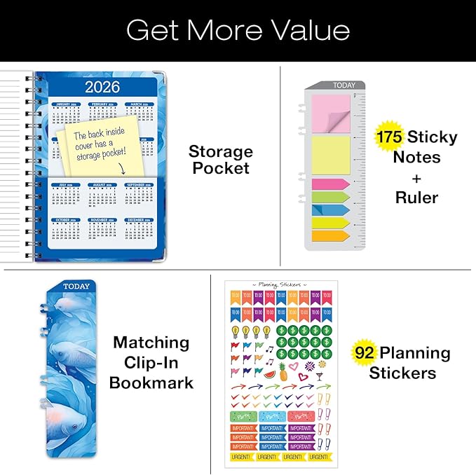 HARDCOVER 2025 Planner, 5.5"x8": 14 Months (November 2024 - December 2025), Daily Weekly Monthly Planner, Yearly Agenda, Bookmark, Pocket Folder and Sticky Note Set (Blue Koi)