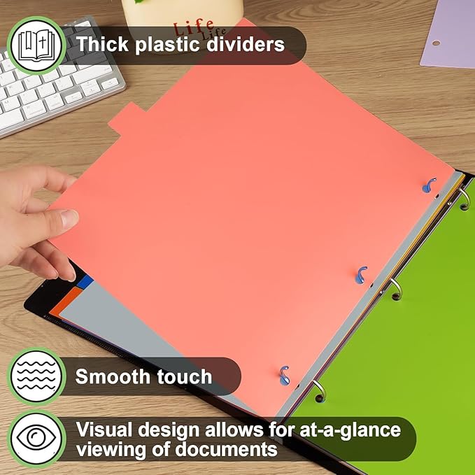 HABGP 24Pcs/3 Set 8 Tab Dividers for 3 Ring Binder, 24 Pcs Multicolor 3 Ring Binder Dividers with Tabs, Page Folder Dividers, Plastic Tabbed File Dividers with Tabs, Three Ring Binder Index Dividers