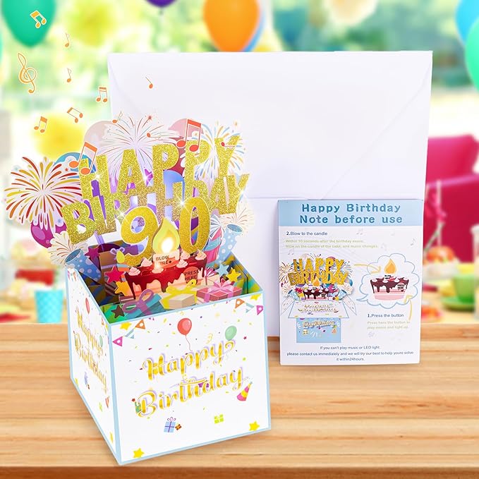 Tnvee 90TH Birthday Cards with Lights & Music & Candle, 3D Large Pop Up Happy Birthday Cards for Women Man Greeting Cards Decorations for 90 Years Old Mom Dad Grandparents