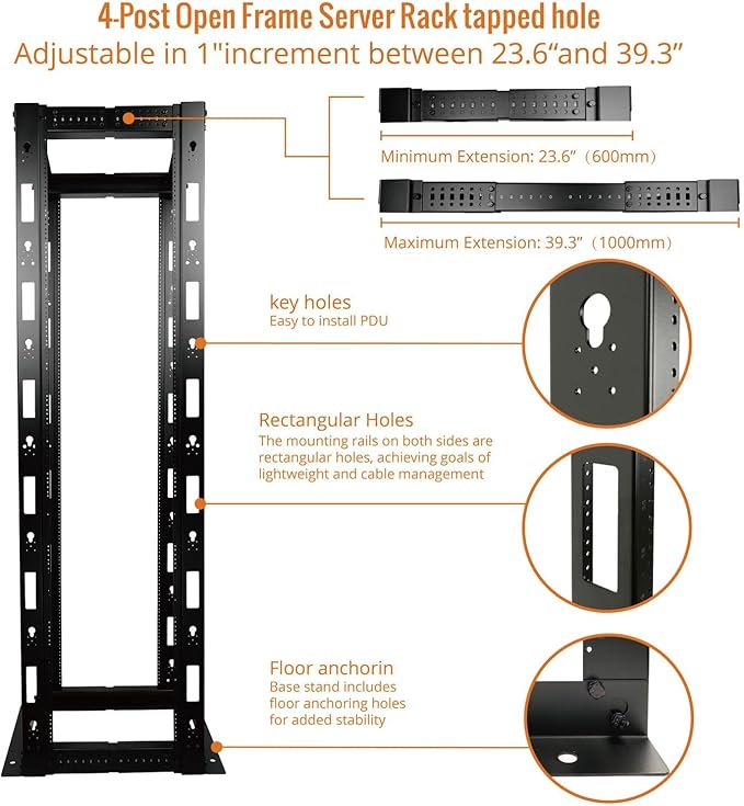 45U Open Frame Server Rack,4-Post Adjustable Depth 23.6 inch-39.3 inch Frame Rack,Professional It Rack for 19 inch Computer/AV/Data/IT Equipment,Tapped Hole