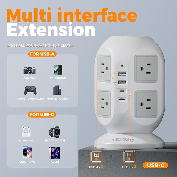 Tower Power Strip, Surge Protector 10 FT Cord, TESSAN Flat Plug Extension Cord with Multiple Outlets, 8 AC Outlets with 4 USB Ports (2 USB C), Charging Station with Surge Protection, for Office Dorm