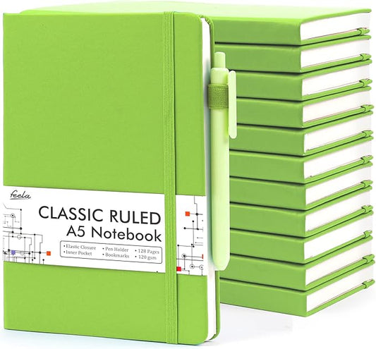 feela 12 Pack Notebooks Journals Bulk, Hardcover Notebook Classic Ruled Lined Journals with Pen Holder for Women Girls School Business Supplies, with 12 Black Pens, 120 GSM, 5.1”x8.3”, A5, Green