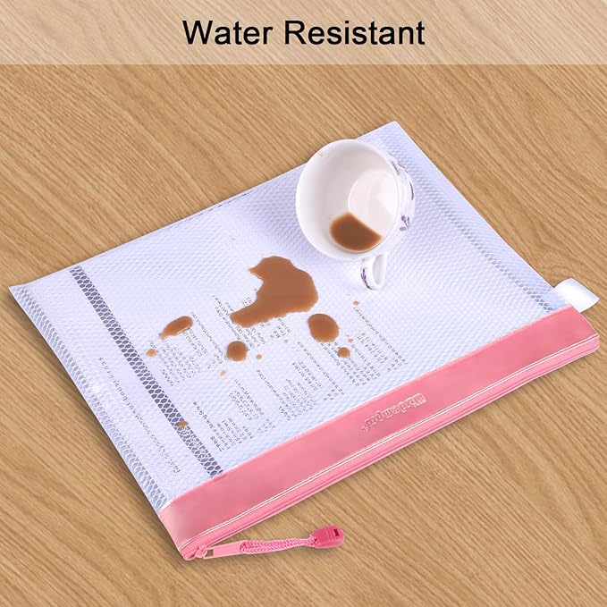 Zipper Pouch, Wisdompro 4 Packs Durable Letter Size Waterproof Mesh File Bag, Document Organizer - Pink