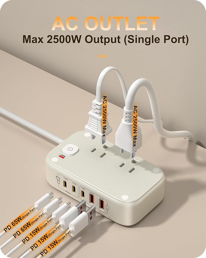 7-in-1 Power Strip, PD GaN 65W USB C Power Strip with 3 USB-C, 2 USB-A Ports and 2500W AC Outlet, Flat Plug Sleek Socket Essentials for Home/Office/College/Travel
