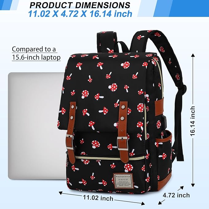 Vintage Travel Laptop Backpack with USB Charging Port, Business Outdoor Sports Bag for Men Women.(Mushroom)
