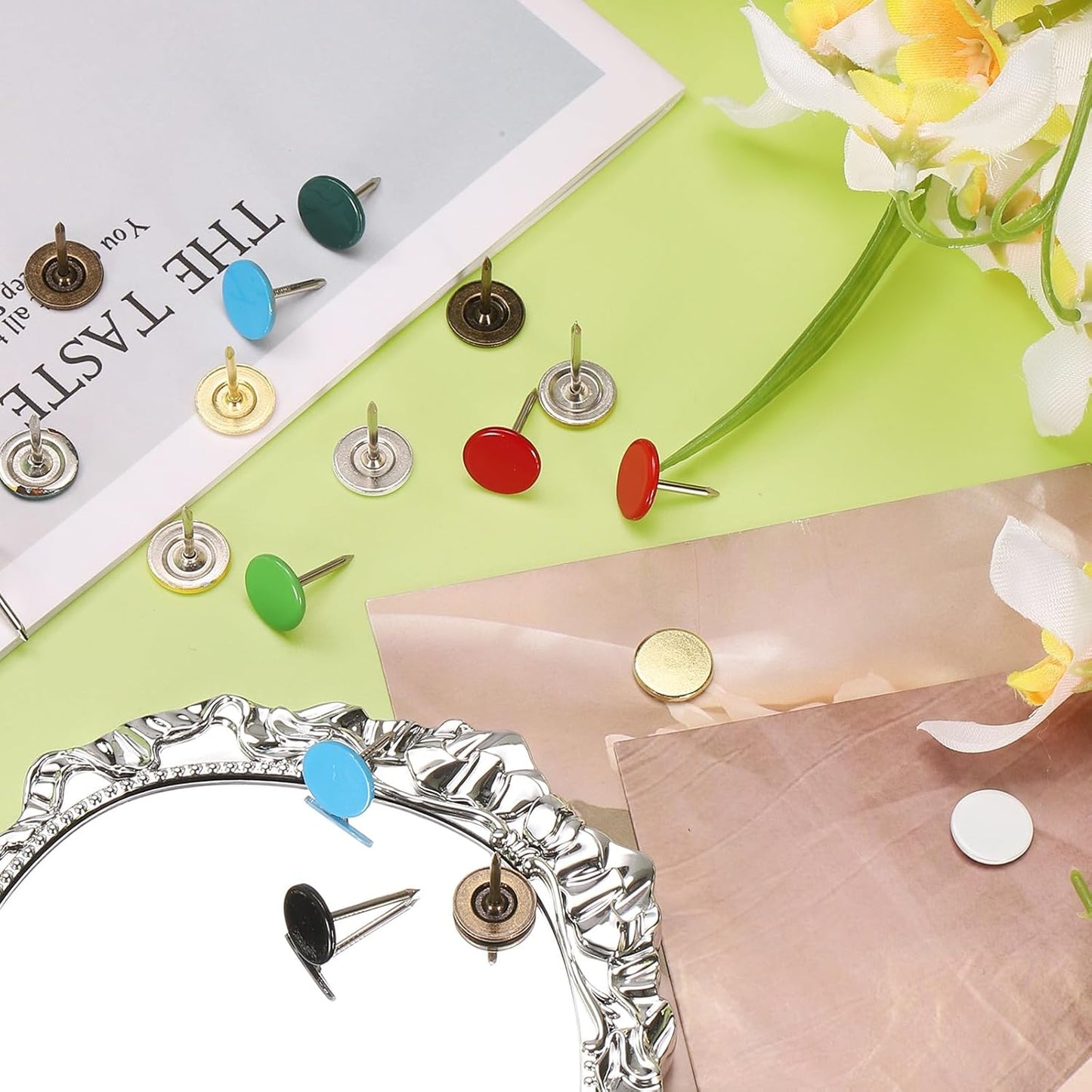 uxcell 120Pcs Push Pins, 11mmx15mm Round Flat Head Decorative Thumb Tacks Upholstery Tacks for Cork Board Office Wall Hangings, Red