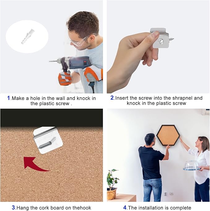 EVNEED 4 Pack Cork Bulletin Board Hexagon, Small Framed Corkboard Tiles for Wall, Thick Decorative Display Boards for Home School Office Decor, Hex Cork Board with 16 Push Pin Wood Clips,Black