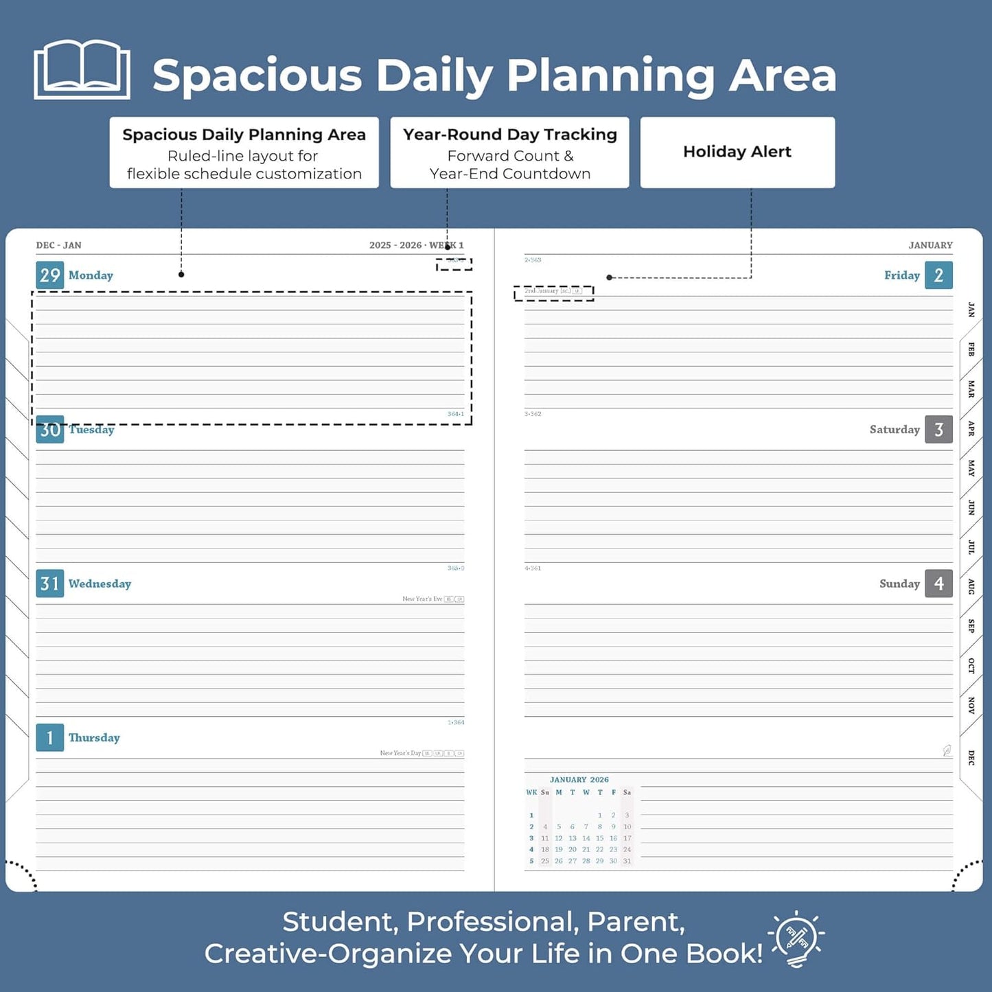 Weekly Monthly 2026 Planner (Jan.26-Dec.26),11.5"x8.5",12 Months Agenda Plan with Month Tabs & Pocket,Expenses/Note Pages, Appointment Book Calendar with Hardcover Vegan Leather Cover,Blue