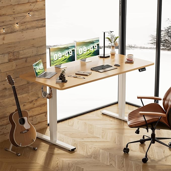 Furmax Electric Height Adjustable Standing Desk Large 63 x 24 Inches Sit Stand Up Desk Home Office Computer Desk Memory Preset with T-Shaped Metal Bracket, Wood